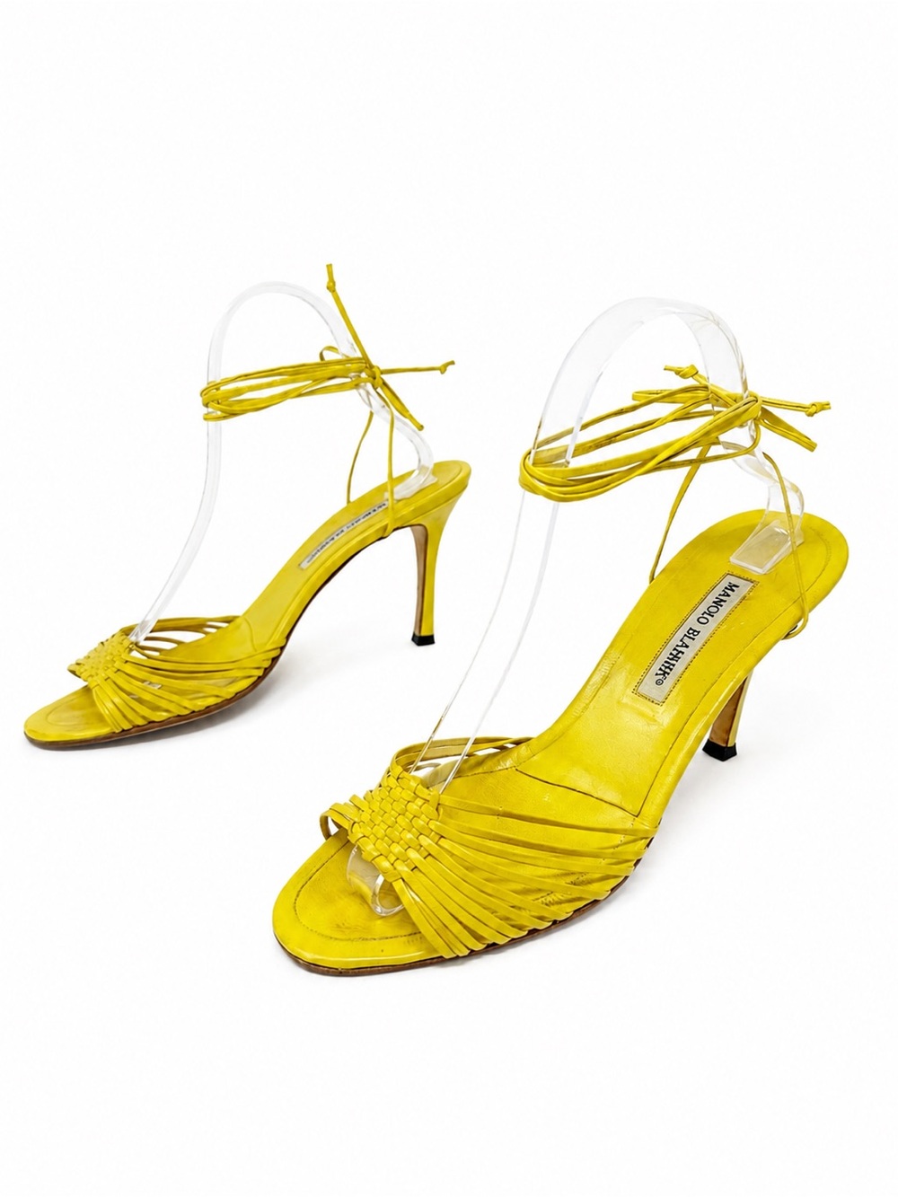 Manolo Blahnik Woven Strappy Heels Yellow Womens Size EU 40.5